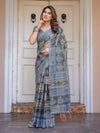 Charcoal Grey & Indigo Blue Ethnic Handloom Cotton-Linen Saree with Woven Border & Tassels – Traditional Wear