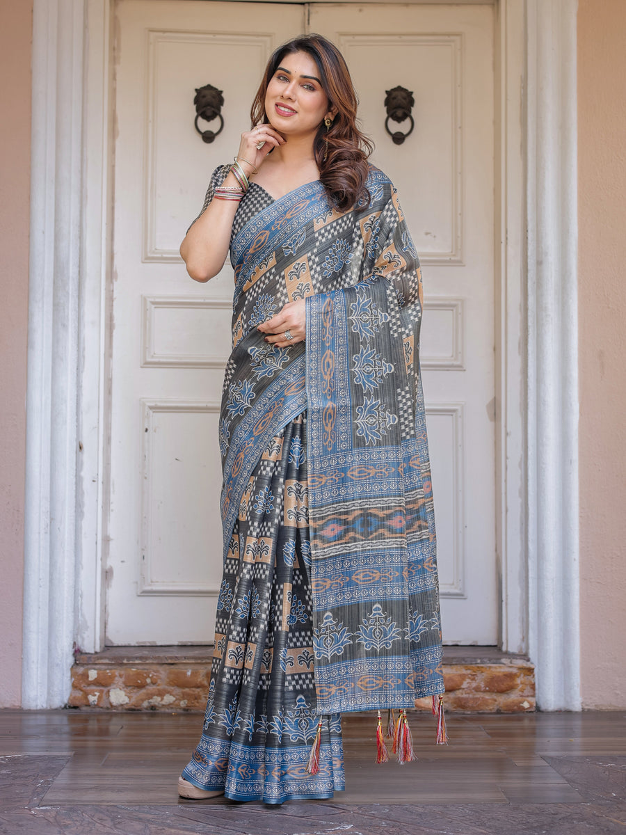 Charcoal Grey & Indigo Blue Ethnic Handloom Cotton-Linen Saree with Woven Border & Tassels – Traditional Wear