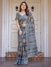 Charcoal Grey & Indigo Blue Ethnic Handloom Cotton-Linen Saree with Woven Border & Tassels – Traditional Wear