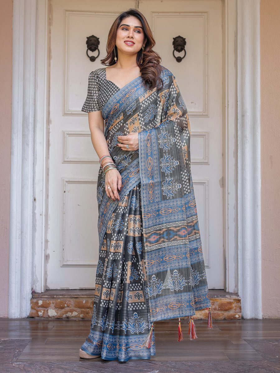Charcoal Grey & Indigo Blue Ethnic Handloom Cotton-Linen Saree with Woven Border & Tassels – Traditional Wear