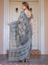 Charcoal Grey & Indigo Blue Ethnic Handloom Cotton-Linen Saree with Woven Border & Tassels – Traditional Wear