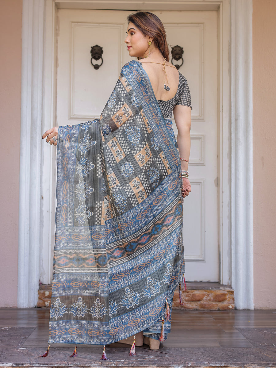 Charcoal Grey & Indigo Blue Ethnic Handloom Cotton-Linen Saree with Woven Border & Tassels – Traditional Wear