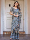 Charcoal Grey & Indigo Blue Ethnic Handloom Cotton-Linen Saree with Woven Border & Tassels – Traditional Wear