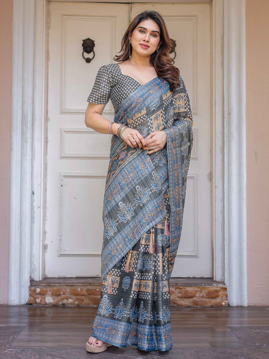 Charcoal Grey & Indigo Blue Ethnic Handloom Cotton-Linen Saree with Woven Border & Tassels – Traditional Wear