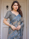 Charcoal Grey & Indigo Blue Ethnic Handloom Cotton-Linen Saree with Woven Border & Tassels – Traditional Wear