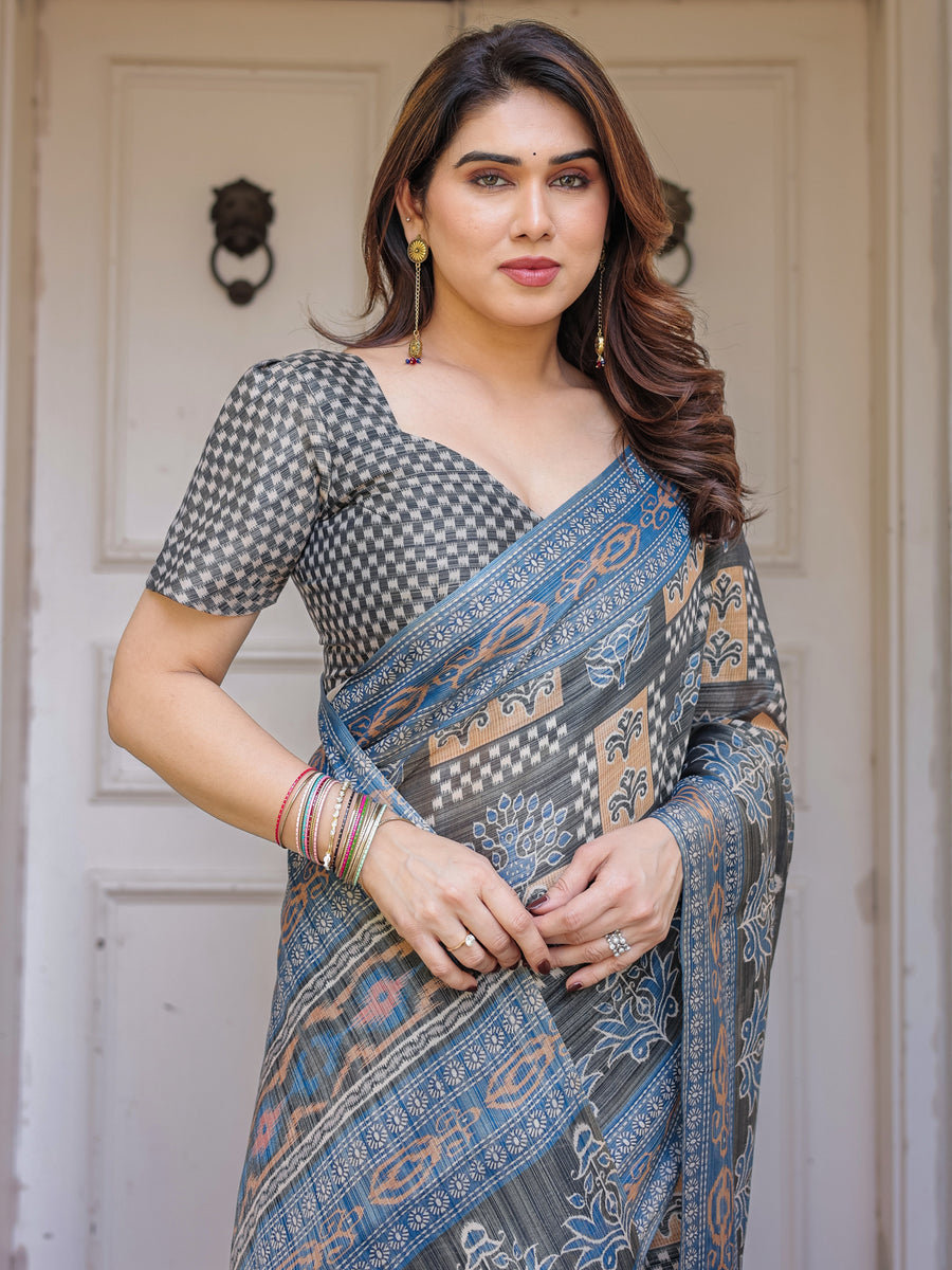 Charcoal Grey & Indigo Blue Ethnic Handloom Cotton-Linen Saree with Woven Border & Tassels – Traditional Wear