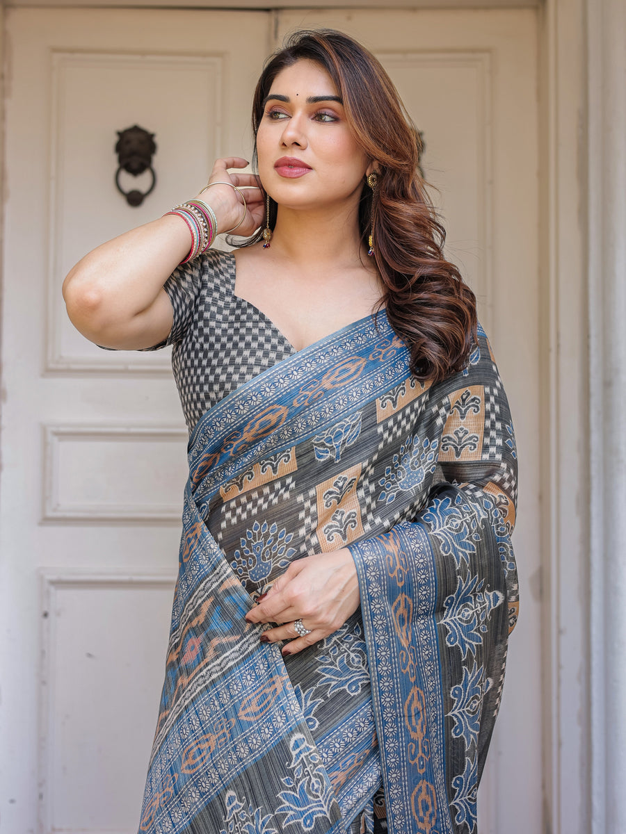 Charcoal Grey & Indigo Blue Ethnic Handloom Cotton-Linen Saree with Woven Border & Tassels – Traditional Wear