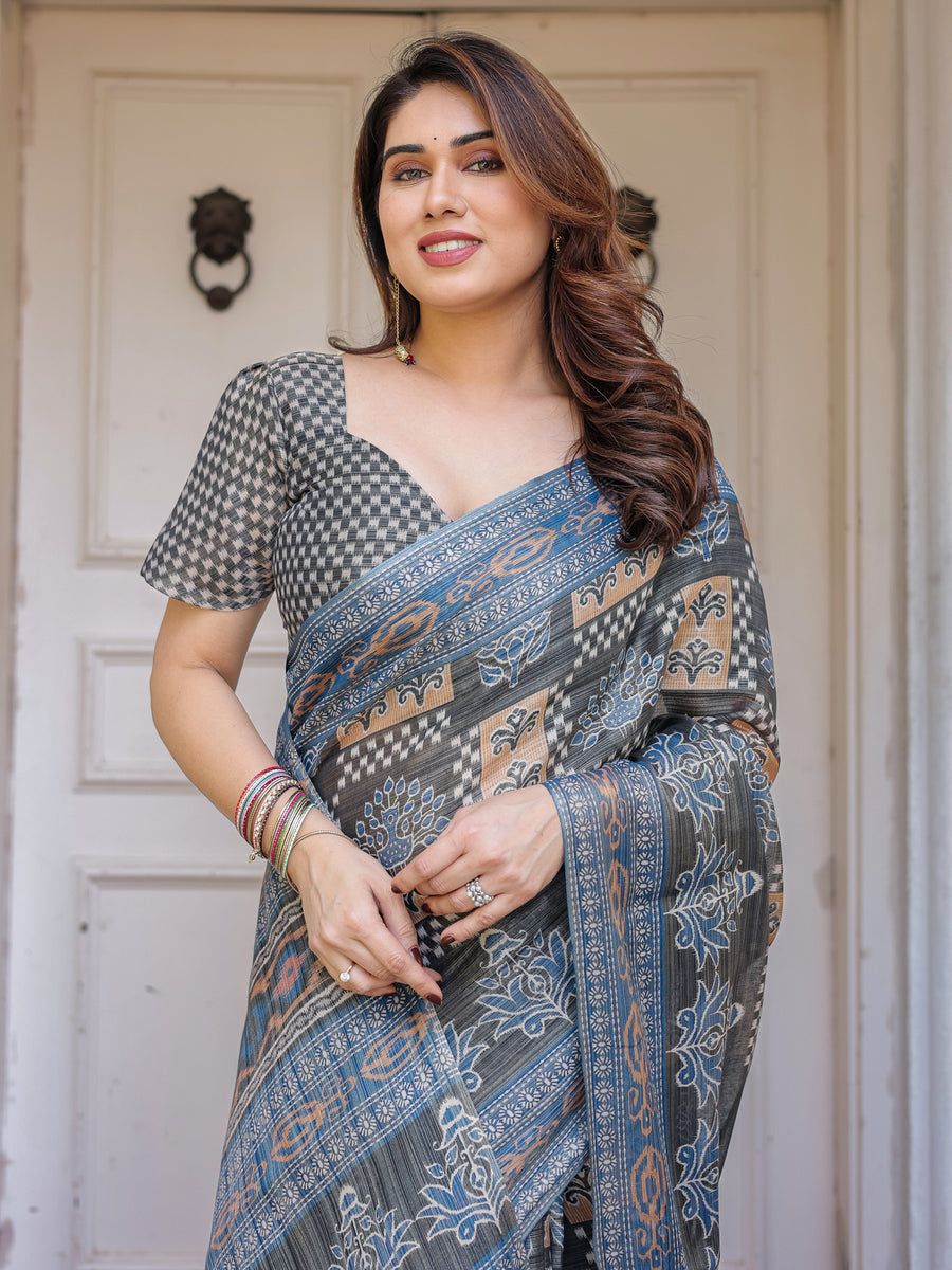 Charcoal Grey & Indigo Blue Ethnic Handloom Cotton-Linen Saree with Woven Border & Tassels – Traditional Wear
