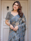 Charcoal Grey & Indigo Blue Ethnic Handloom Cotton-Linen Saree with Woven Border & Tassels – Traditional Wear