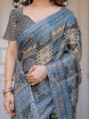 Charcoal Grey & Indigo Blue Ethnic Handloom Cotton-Linen Saree with Woven Border & Tassels – Traditional Wear