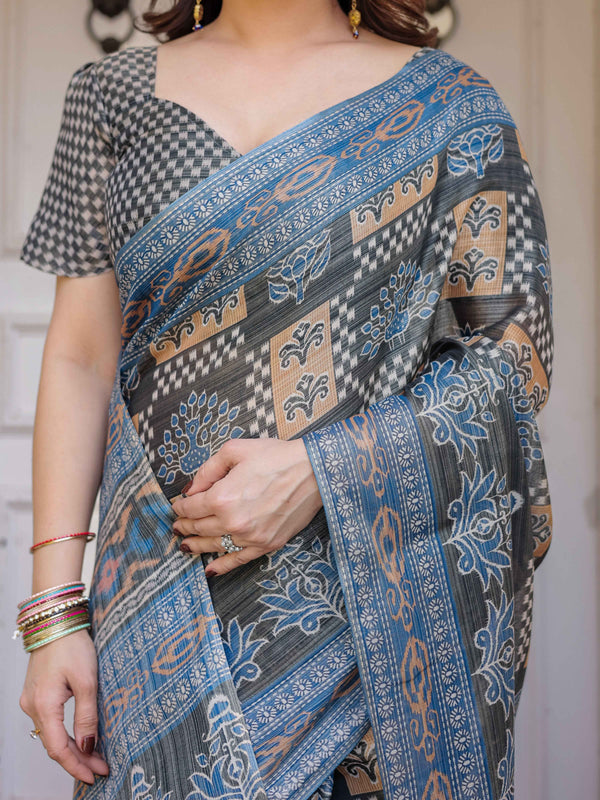 Charcoal Grey & Indigo Blue Ethnic Handloom Cotton-Linen Saree with Woven Border & Tassels – Traditional Wear