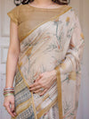 Beige & Mustard Botanical Handloom Cotton-Linen Saree with Ethnic Striped Pallu & Tassels – Graceful Traditional Wear