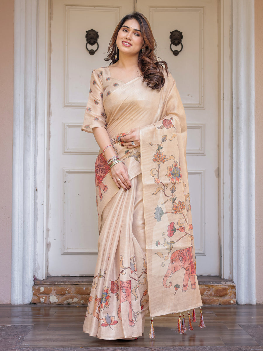 Beige Heritage Art Printed Handloom Cotton-Linen Saree with Elephant & Horse Motif Pallu and Tassels – Traditional Statement Wear