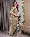 Pastel Green Fendy Chiffon Saree with Foil & Block Prints, Pearl Lace & Tassel Edges