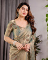 Mustard Yellow Fendy Chiffon Saree with Foil & Block Print, Tassels, and Attached Blouse
