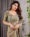 Mustard Yellow Fendy Chiffon Saree with Foil & Block Print, Tassels, and Attached Blouse