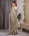 Mustard Yellow Fendy Chiffon Saree with Foil & Block Print, Tassels, and Attached Blouse