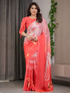 Coral Red & Blush Pink Heart Printed Satin Georgette Saree with Romantic Couple Pallu and Attached Heart Print Blouse – 5.5 Meter Designer Saree for Valentine’s Day & Anniversary Wear