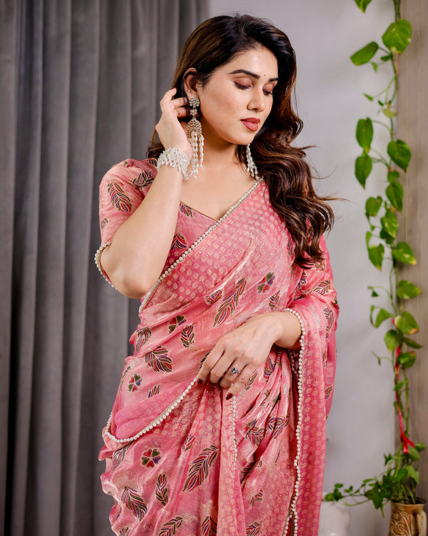Mustard Yellow Fendy Chiffon Saree with Foil & Block Print, Tassels, and Attached Blouse