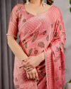 Mustard Yellow Fendy Chiffon Saree with Foil & Block Print, Tassels, and Attached Blouse