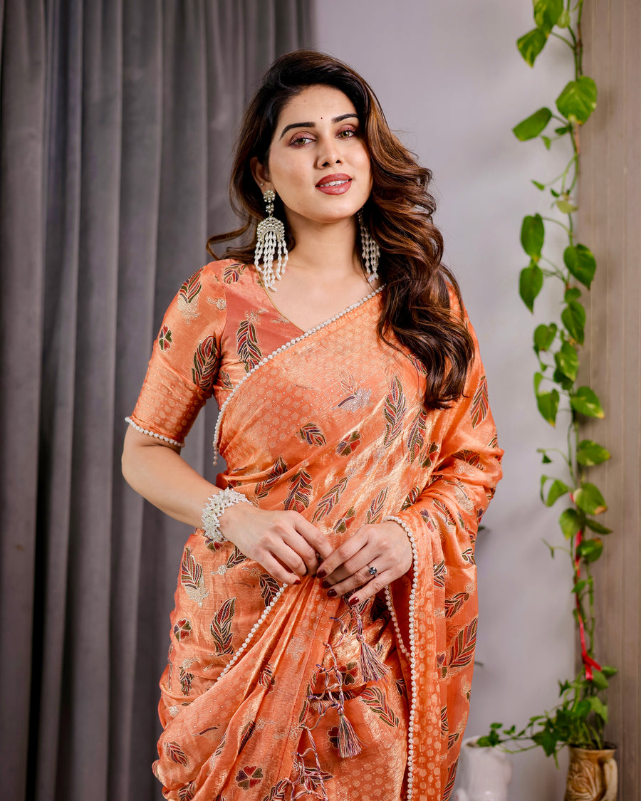 Mustard Yellow Fendy Chiffon Saree with Foil & Block Print, Tassels, and Attached Blouse