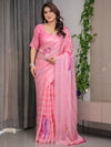 Soft Blush Pink Satin Georgette Saree with Abstract Stripe Texture, Heart Motifs and Attached Pink Checkered Blouse – 5.5 Meter Romantic Designer Saree for Valentine’s Day & Anniversary Wear