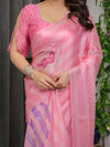 Soft Blush Pink Satin Georgette Saree with Abstract Stripe Texture, Heart Motifs and Attached Pink Checkered Blouse – 5.5 Meter Romantic Designer Saree for Valentine’s Day & Anniversary Wear