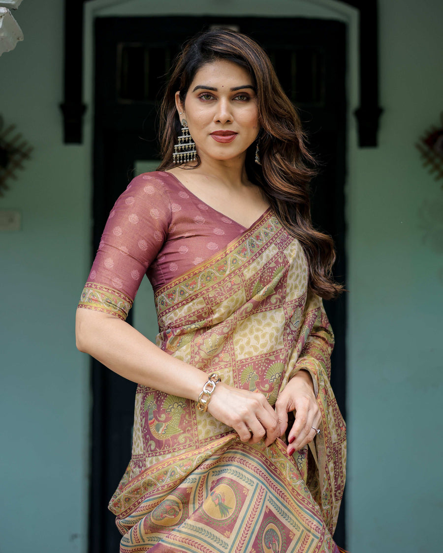 Cream & Maroon Handloom Cotton Saree with Deer Pallu and Blocked Peacock Motifs