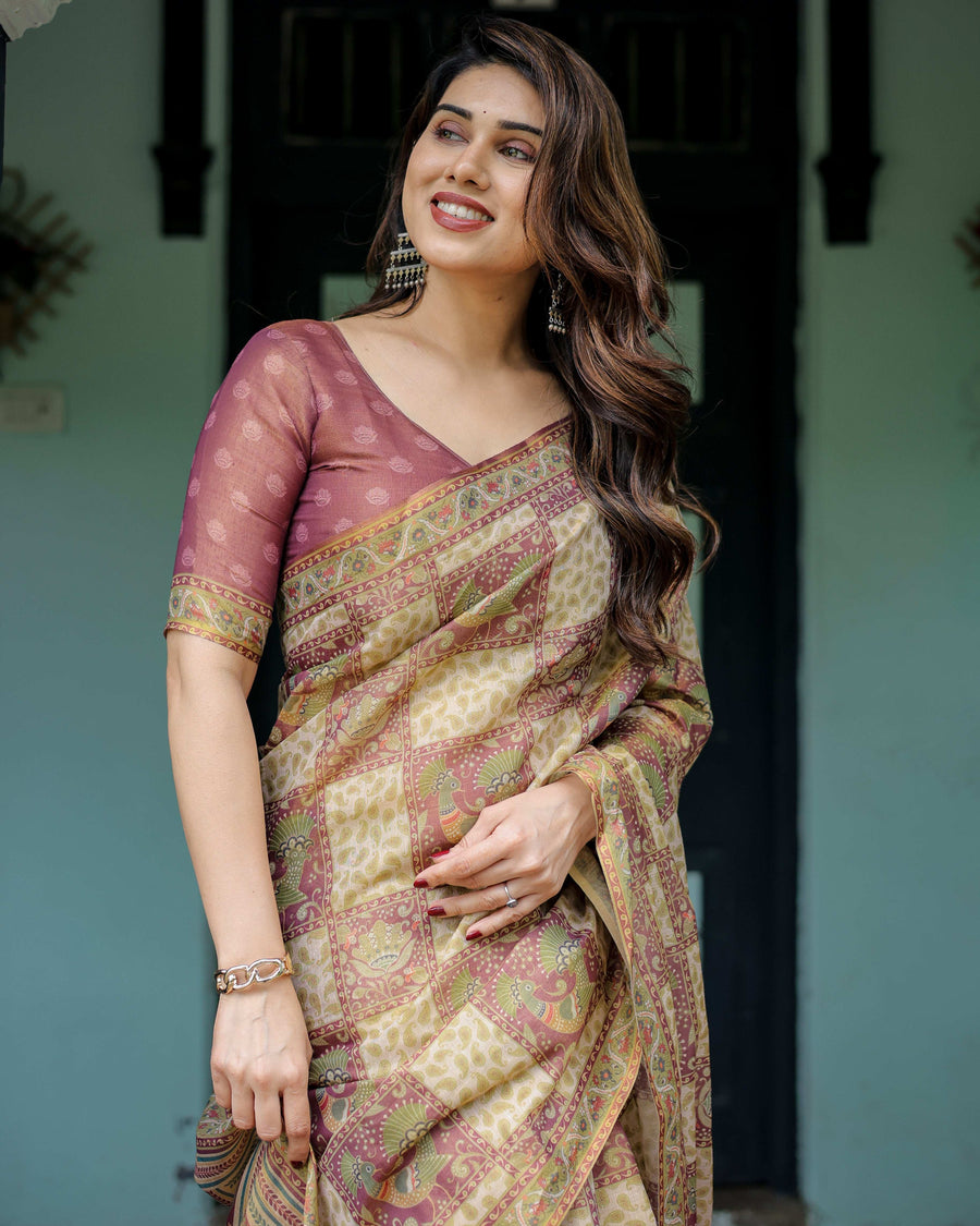 Cream & Maroon Handloom Cotton Saree with Deer Pallu and Blocked Peacock Motifs