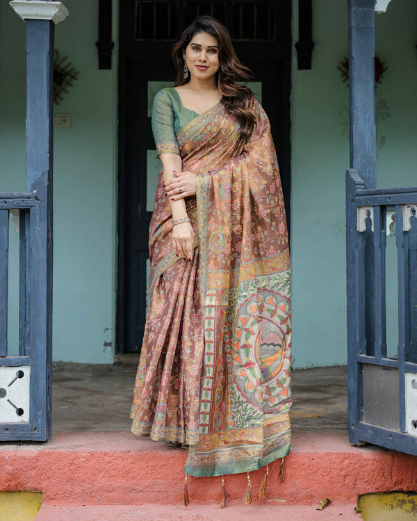 Rust Red Handloom Cotton Saree with Madhubani Fish Art & Floral Motifs – Contrast Blouse