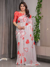 Ivory White Satin Georgette Saree with Bold Red Heart Print and Attached Red Heart Pattern Blouse – 5.5 Meter Romantic Designer Saree for Valentine’s Day & Anniversary Wear