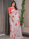 Ivory White Satin Georgette Saree with Bold Red Heart Print and Attached Red Heart Pattern Blouse – 5.5 Meter Romantic Designer Saree for Valentine’s Day & Anniversary Wear