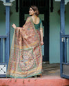 Rust Red Handloom Cotton Saree with Madhubani Fish Art & Floral Motifs – Contrast Blouse