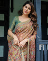 Rust Red Handloom Cotton Saree with Madhubani Fish Art & Floral Motifs – Contrast Blouse