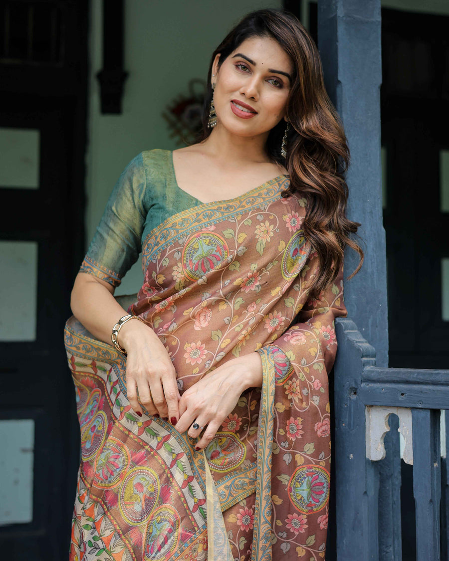 Rust Red Handloom Cotton Saree with Madhubani Fish Art & Floral Motifs – Contrast Blouse