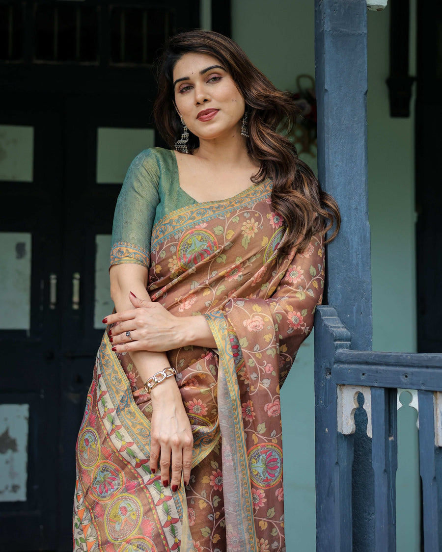 Rust Red Handloom Cotton Saree with Madhubani Fish Art & Floral Motifs – Contrast Blouse