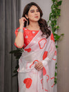 Ivory White Satin Georgette Saree with Bold Red Heart Print and Attached Red Heart Pattern Blouse – 5.5 Meter Romantic Designer Saree for Valentine’s Day & Anniversary Wear