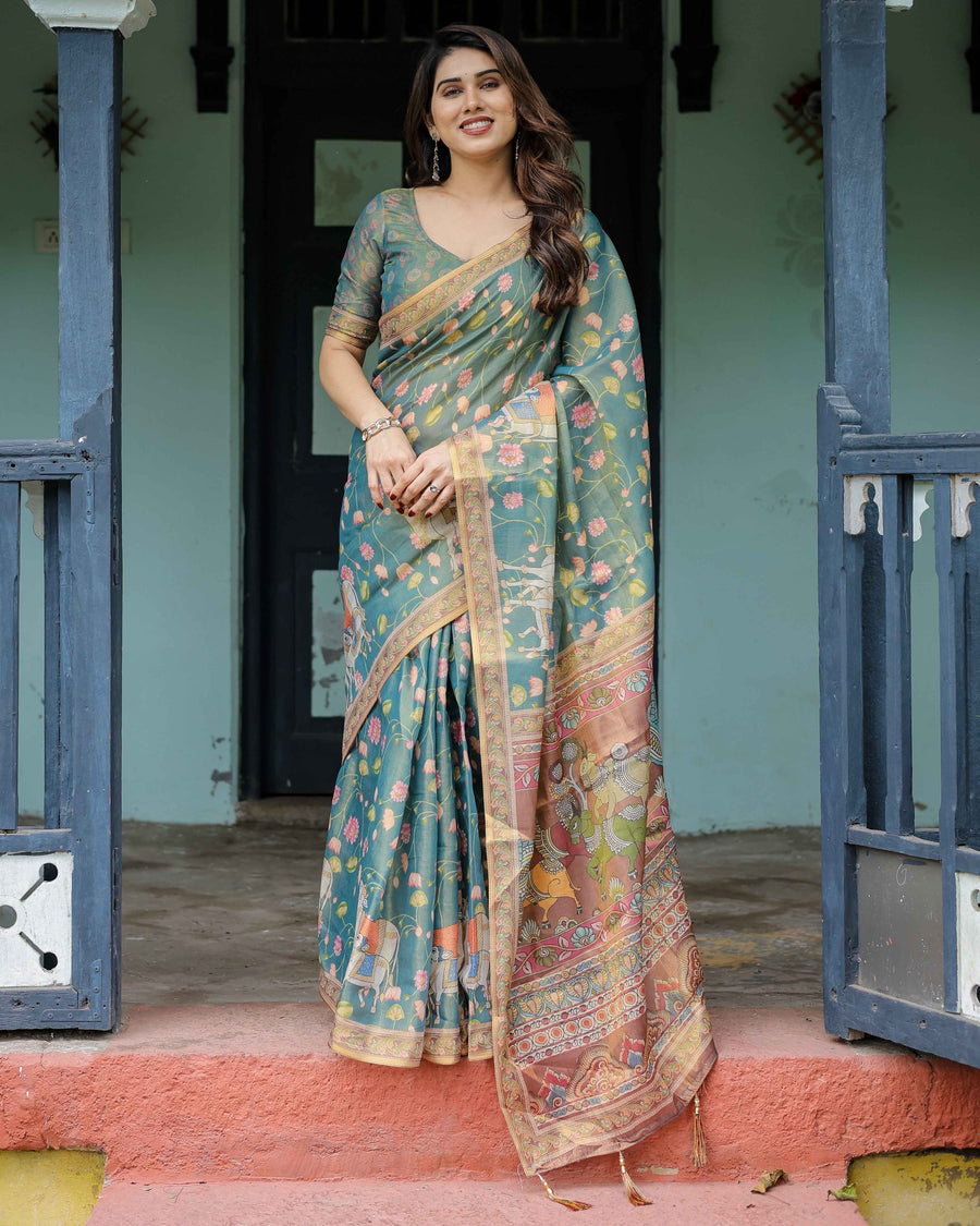 Divine Procession Teal Green Handloom Cotton Saree with Lotus Floral Print & Artistic Pallu