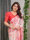 Ivory Pink & Red Love-Themed Satin Georgette Saree with Heart Prints and Romantic Pallu | Attached Blouse