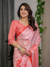 Blush Pink Satin Georgette Saree with Romantic Couple Illustration Pallu, Love Typography and Attached Red Checkered Blouse – 5.5 Meter Designer Saree for Valentine’s Day & Anniversary Wear