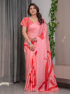 Blush Pink Satin Georgette Saree with Bold Red Heart & Love Typography Pallu and Attached Coral Red Geometric Blouse – 5.5 Meter Romantic Designer Saree for Valentine’s Day & Anniversary Wear
