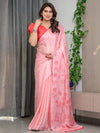 Soft Baby Pink Satin Georgette Saree with Love Letter & Stamp Motif Print and Attached Coral Red Plain Blouse – 5.5 Meter Romantic Designer Saree for Valentine’s Day & Anniversary Wear