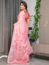 Soft Baby Pink Satin Georgette Saree with Love Letter & Stamp Motif Print and Attached Coral Red Plain Blouse – 5.5 Meter Romantic Designer Saree for Valentine’s Day & Anniversary Wear