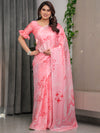 Blush Pink Satin Georgette Saree with All-Over Love Typography Print and Attached Matching Printed Blouse – 5.5 Meter Romantic Designer Saree for Valentine’s Day & Anniversary Wear