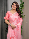 Blush Pink Satin Georgette Saree with All-Over Love Typography Print and Attached Matching Printed Blouse – 5.5 Meter Romantic Designer Saree for Valentine’s Day & Anniversary Wear