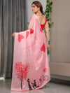 Blush Peach Satin Georgette Romantic Printed Saree with Heart Tree, Proposal Couple Artwork & Matching Blouse
