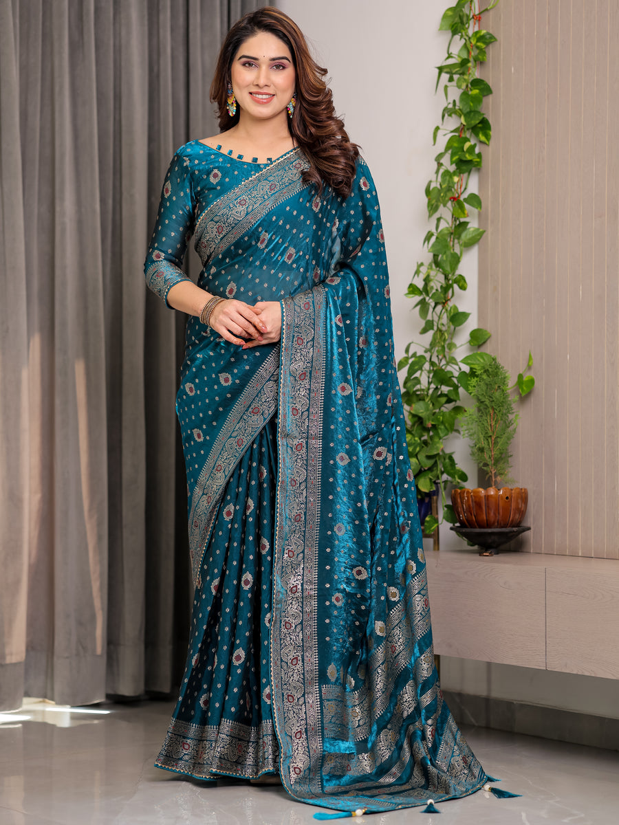 Pastel Green Fendy Chiffon Saree with Foil & Block Prints, Pearl Lace & Tassel Edges
