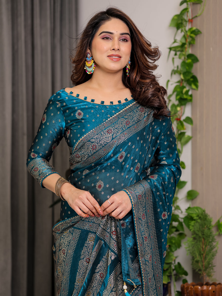 Pastel Green Fendy Chiffon Saree with Foil & Block Prints, Pearl Lace & Tassel Edges