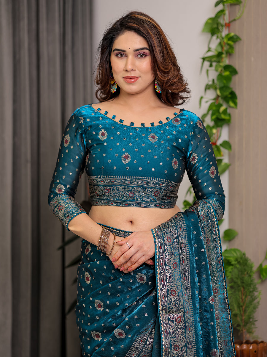 Pastel Green Fendy Chiffon Saree with Foil & Block Prints, Pearl Lace & Tassel Edges