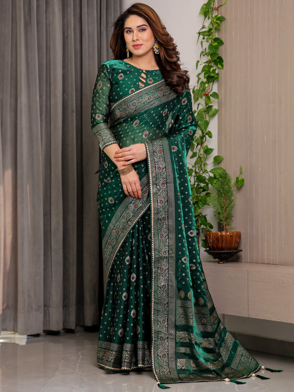 Pastel Green Fendy Chiffon Saree with Foil & Block Prints, Pearl Lace & Tassel Edges